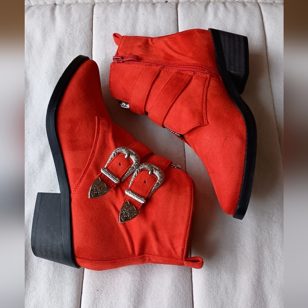 Red Orange Girls Ankle Boots With Buckles_4